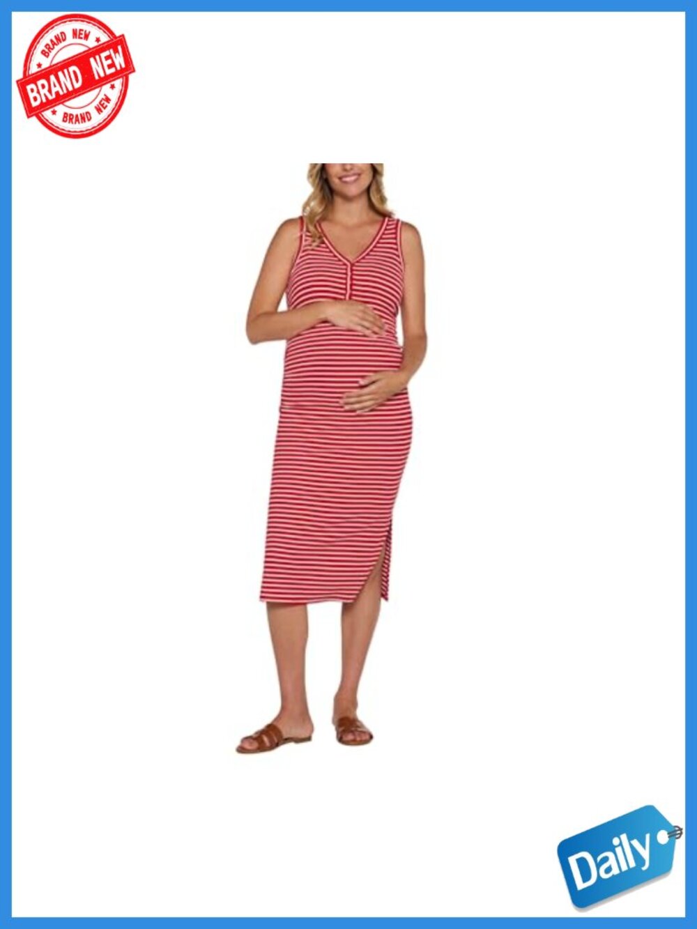 Sleeveless Henley V-Neck Rib Knit Midi Bodycon Maternity Dress - Picture 1 of 3
